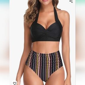 Large Women Two Piece Vintage Swimsuit Retro Halter Ruched High Waist Bikini